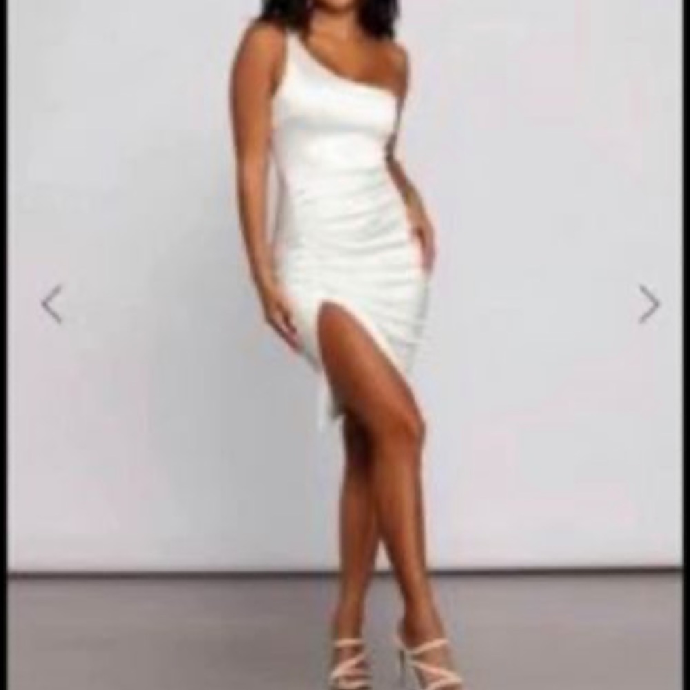 White satin midi one strap dress